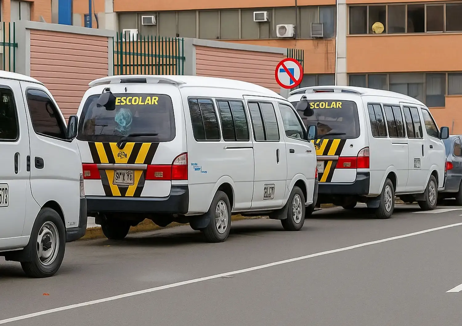 Fila de autobuses escolares estacionados en el campus, garantizando un transporte seguro para los estudiantes.